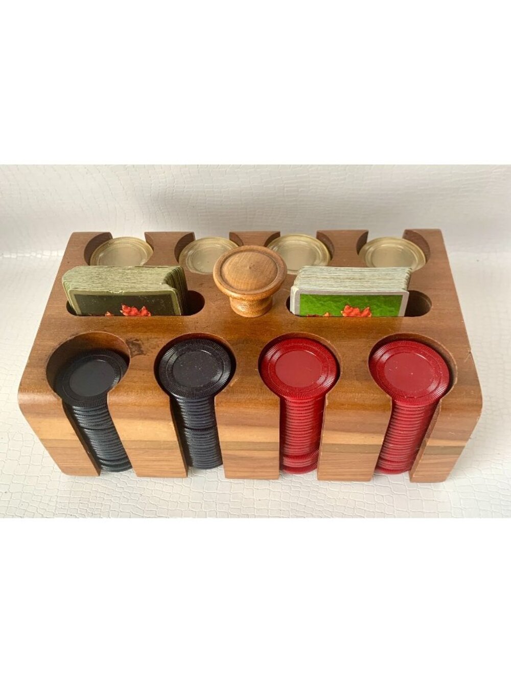 Vintage Wooden Poker Chip & Card Caddy Holder MCM